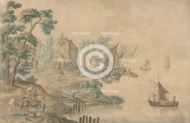 Landscape with Horses and Carts and a River at Right, 18th century (?). Creator: Anon.