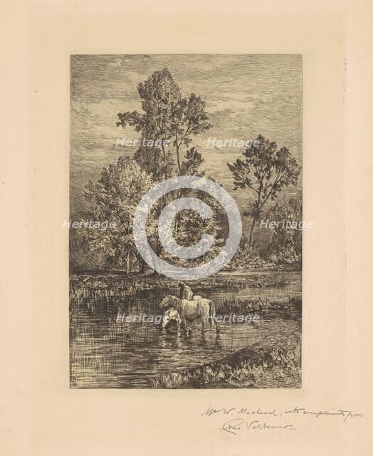 Landscape with Horses Drinking, c. 1876. Creator: Charles Volkmar.