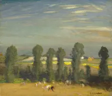 Landscape with hayfield and poplars, probably 1920s. Creator: George Clausen