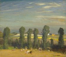 Landscape with hayfield and poplars, probably 1920s. Creator: George Clausen