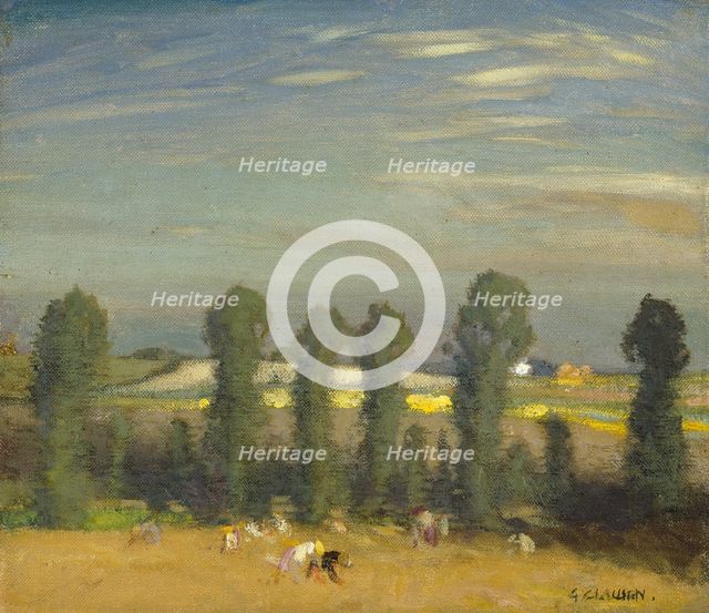 Landscape with hayfield and poplars, probably 1920s. Creator: George Clausen.