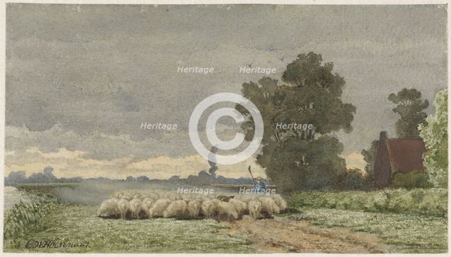 Landscape with herd of sheep, 1857-1884. Creator: Cornelis Willem Hoevenaar.