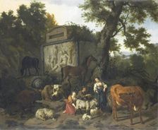 Landscape with Herdsmen and Cattle near a Tomb, 1660-1690. Creator: Dirk van Bergen