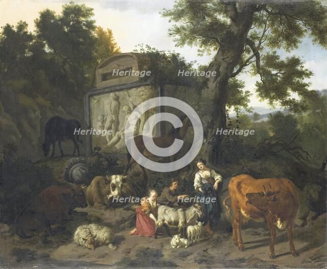 Landscape with Herdsmen and Cattle near a Tomb, 1660-1690. Creator: Dirk van Bergen.