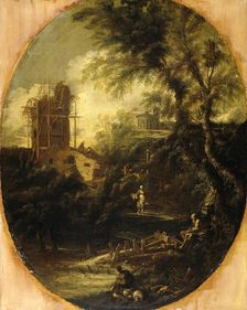Landscape with Hermit, Pilgrim and Peasant Woman, 1690-1740. Creator: Antonio Francesco Peruzzini