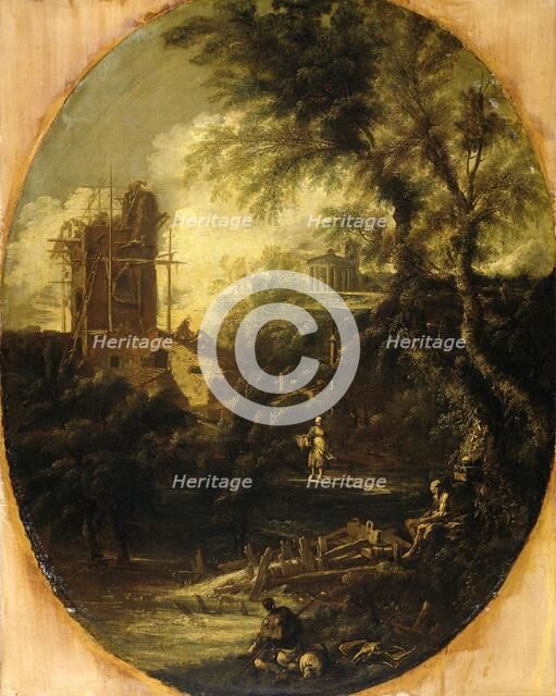 Landscape with Hermit, Pilgrim and Peasant Woman, 1690-1740. Creator: Antonio Francesco Peruzzini.