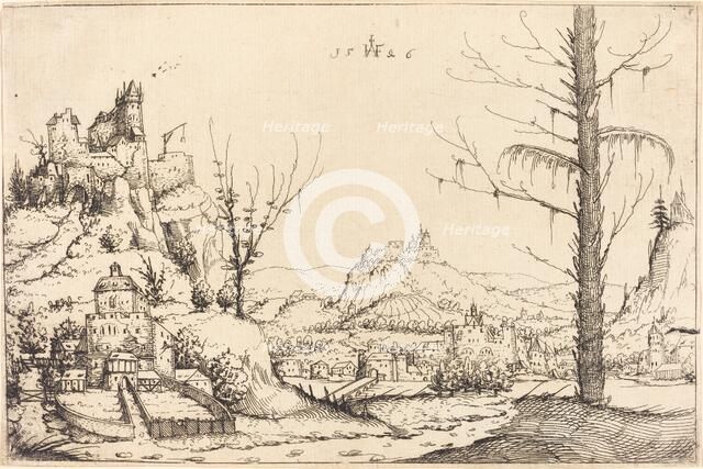 Landscape with High Cliffs, River, and City, 1546. Creator: Augustin Hirschvogel.