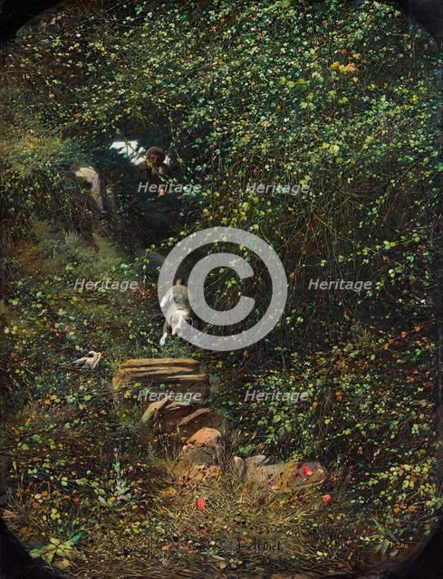 Landscape with hunter and dog, 1866. Creator: Jose Armet Portanell.