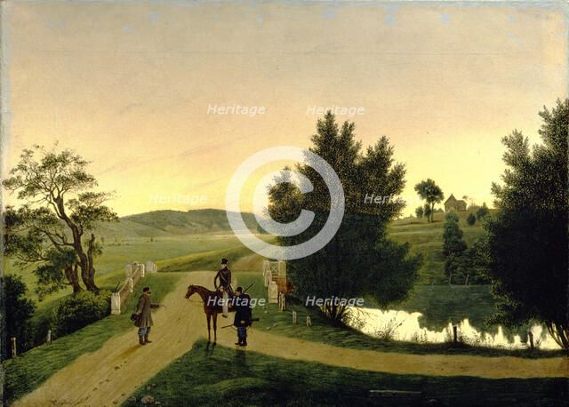 Landscape with hunters. Artist: Shchedrovsky, Ignati Stepanovich (1815-1870)