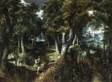 Landscape with hunters, first half of the 17th century. Creator: Unknown