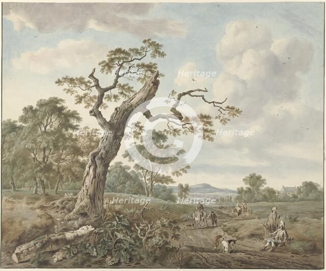 Landscape with hunting company on a country road, 1786. Creator: Gerard van Nijmegen.