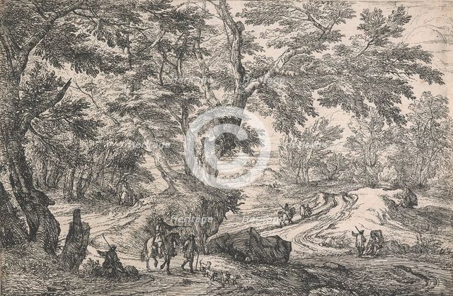 Landscape with, in left foreground, a man seated on the roadside on the edge of a wood...after 1667. Creator: Jan van Huchtenburg.