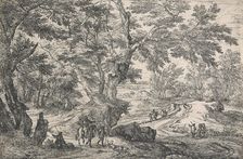 Landscape with, in left foreground, a man seated on the roadside on the edge of a wood...after 1667. Creator: Jan van Huchtenburg