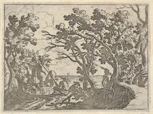 Landscape with onshore fisherman and male onlooker under trees, a man in a boat bow..., ca. 1620-50. Creator: Remigio Cantagallina
