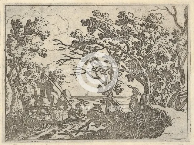 Landscape with onshore fisherman and male onlooker under trees, a man in a boat bow..., ca. 1620-50. Creator: Remigio Cantagallina.