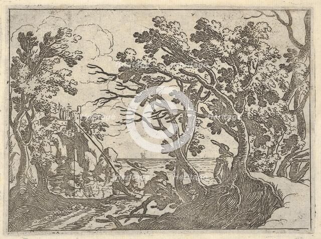 Landscape with onshore fisherman and male onlooker under trees, a man in a boat bow..., ca. 1620-50. Creator: Remigio Cantagallina.