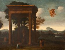Landscape with Open Portico and Flying Mercury, 17th century. Creator: Andreas Achenbach