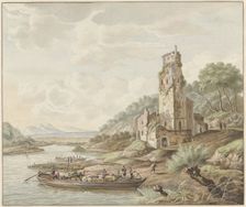 Landscape with loaded barge near a castle, 1776. Creator: Jan van Lockhorst