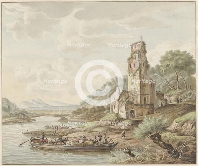 Landscape with loaded barge near a castle, 1776. Creator: Jan van Lockhorst.