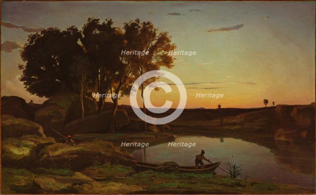 Landscape with Lake and Boatman, 1839. Creator: Jean-Baptiste-Camille Corot.