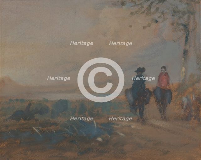 Landscape with Lake and Two Figures Riding, ca. 1820. Creator: Unknown.
