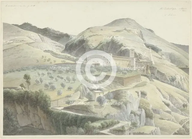 Landscape with monastery at Subiaco, 1778-1847. Creator: Josephus Augustus Knip.