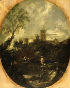 Landscape with Monks, Pilgrim and Peasant Woman, 1690-1740. Creator: Antonio Francesco Peruzzini
