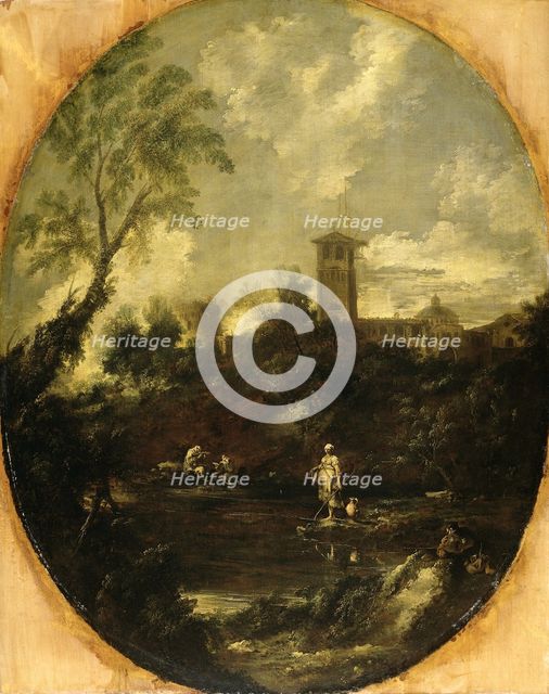 Landscape with Monks, Pilgrim and Peasant Woman, 1690-1740. Creator: Antonio Francesco Peruzzini.