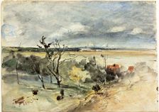 Landscape with Man on a Donkey (recto) Two Women in a Cafe (verso), c. 1849. Creator: Johan Barthold Jongkind