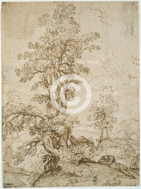 Landscape with Man Sleeping beneath Tree (recto); Landscape with a Horseman (verso), 1595. Creator: Annibale Carracci.