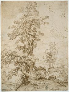 Landscape with Man Sleeping beneath Tree (recto); Landscape with a Horseman (verso), 1595. Creator: Annibale Carracci