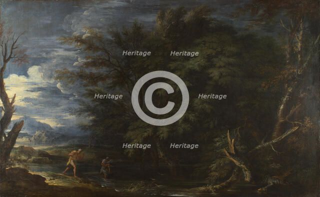 Landscape with Mercury and the Dishonest Woodman, ca 1663. Creator: Rosa, Salvatore (1615-1673).