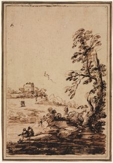 Landscape with Small Group of Buildings, second half 1700s. Creator: Guercino (Italian, 1591-1666), imitator of