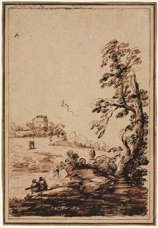 Landscape with Small Group of Buildings, second half 1700s. Creator: Guercino (Italian, 1591-1666), imitator of