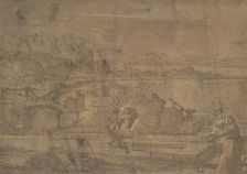 Landscape with Saint Christopher and Male Monastic Saint (recto)..., 16th century. Creator: Anon