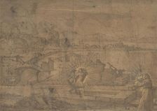 Landscape with Saint Christopher and Male Monastic Saint (recto)..., 16th century. Creator: Anon