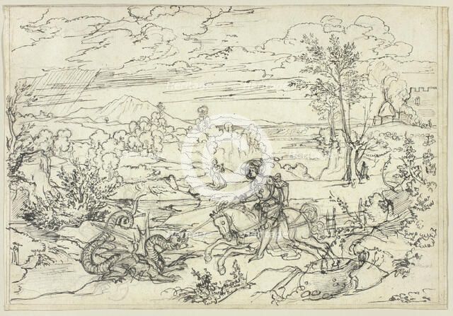 Landscape with Saint George and the Dragon and the Monte Soratte, c. 1816. Creator: Joseph Anton Koch.