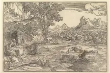 Landscape with Saint Jerome at left looking towards lion and bear fighting at cente..., ca. 1530-35. Creator: Domenico Campagnola