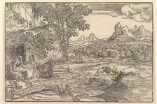 Landscape with Saint Jerome at left looking towards lion and bear fighting at cente..., ca. 1530-35. Creator: Domenico Campagnola