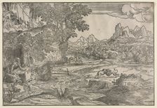 Landscape with Saint Jerome and Two Lions, c. 1530-35. Creator: Domenico Campagnola (Italian, 1500-1564)