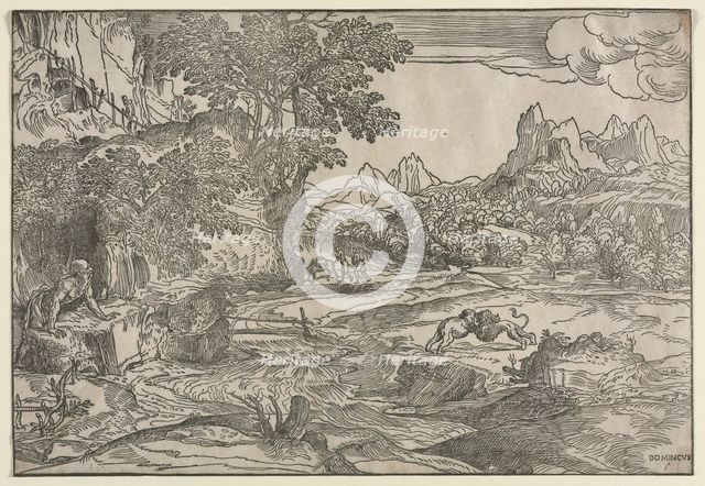 Landscape with Saint Jerome and Two Lions, c. 1530-35. Creator: Domenico Campagnola (Italian, 1500-1564).