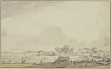 Landscape with scattered huts; people are harvesting on the left, 17th century. Creator: Ferdinand Bol