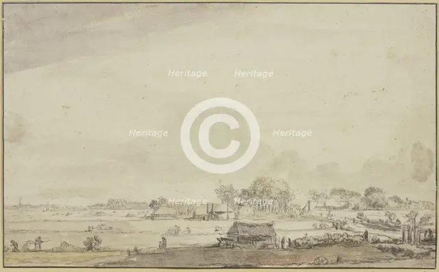 Landscape with scattered huts; people are harvesting on the left, 17th century. Creator: Ferdinand Bol.