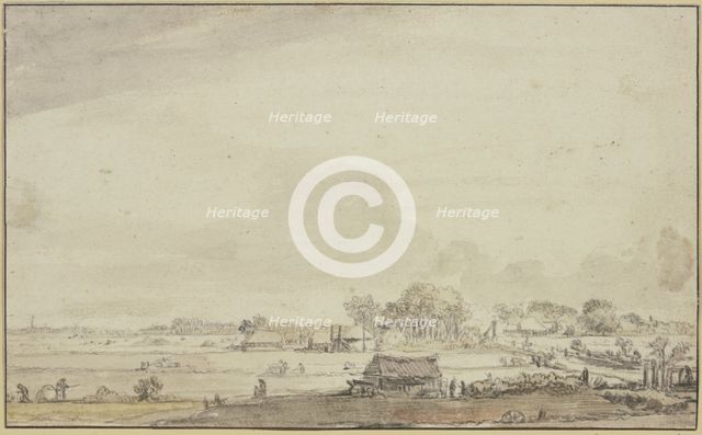 Landscape with scattered huts; people are harvesting on the left, 17th century. Creator: Ferdinand Bol.