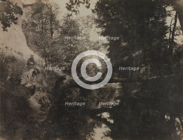 Landscape with Seated Figure on Stream Bank, c. 1856. Creator: Frank Chauvassaignes (French).