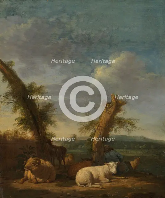 Landscape with Sheep and a Sleeping Shepherd, 1657. Creator: Adriaen van de Velde.