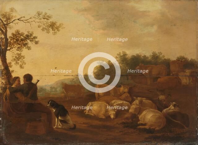 Landscape with sheperd, sheperdess and cattle, c.1632. Creator: Willem Ossenbeeck.
