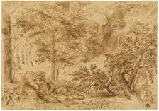 Landscape with Shepherd Sleeping under Tree, n.d. Creators: Jan Lievens, Lambert Lombard