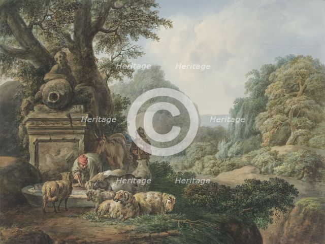 Landscape with shepherds at a waterhole, 1789-1853. Creator: Jan Willem Pieneman.