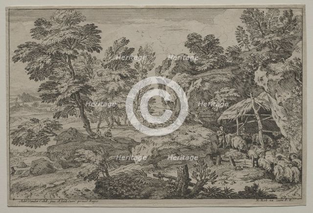 Landscape with Shepherds and two Flocks, second half 1600s. Creator: Adrian van der Cabel (Dutch, 1631-1705); Nicolas Robert.